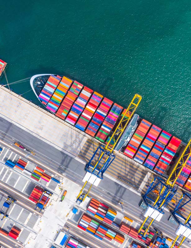 Aerial view of a container shipping port serving East China electronics manufacturers