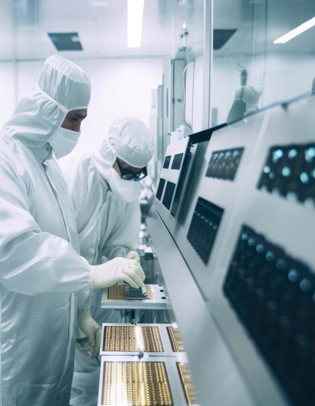 Technicians inspecting wafers inside a semiconductor cleanroom