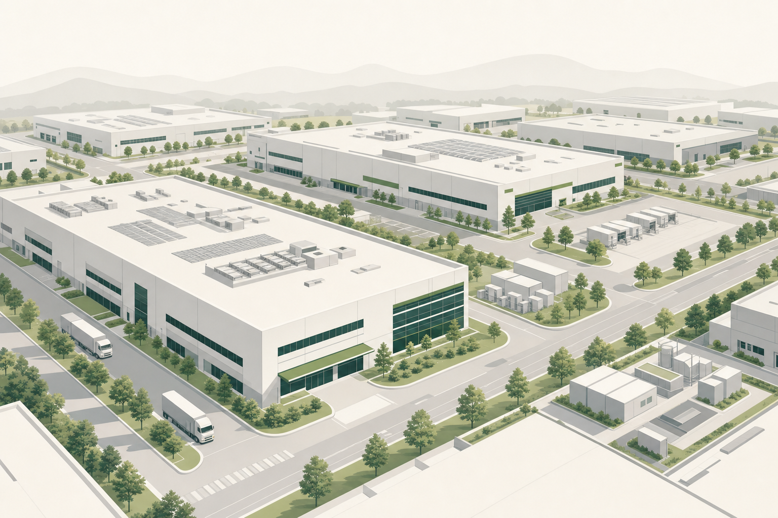 Aerial illustration of a modern electronics manufacturing industrial park