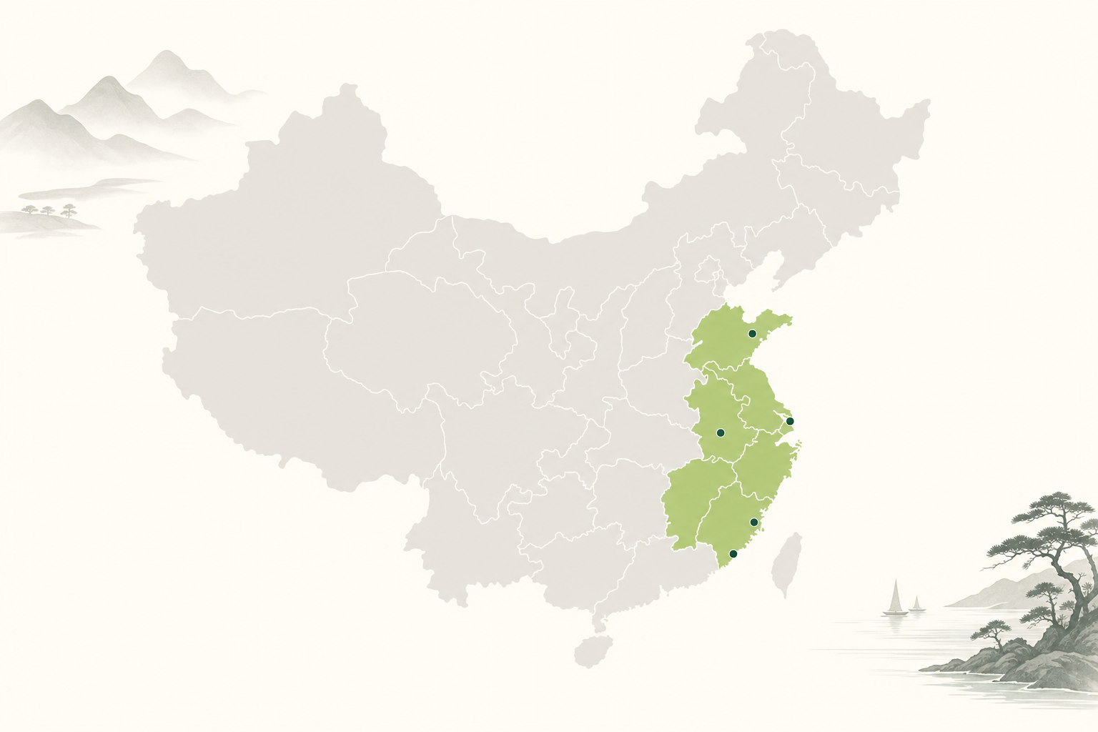 Editorial map of China with the eastern coastal manufacturing provinces highlighted
