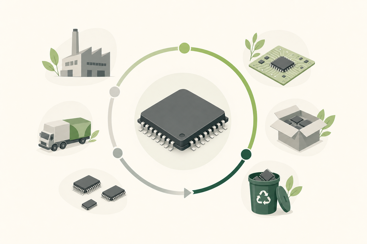 Illustration of an electronic component lifecycle from production to end-of-life