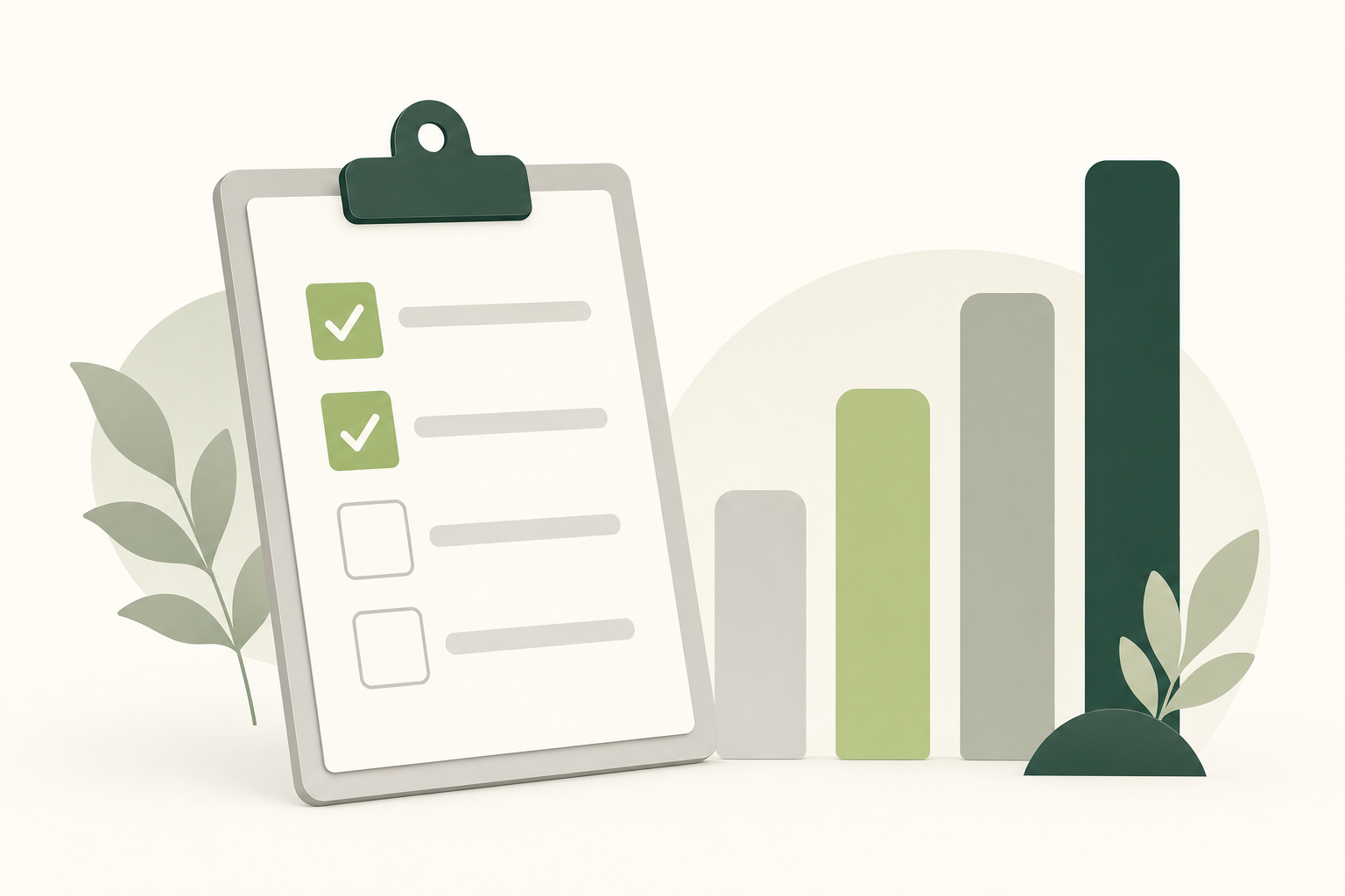 Illustration of survey results shown as a checklist beside a bar chart