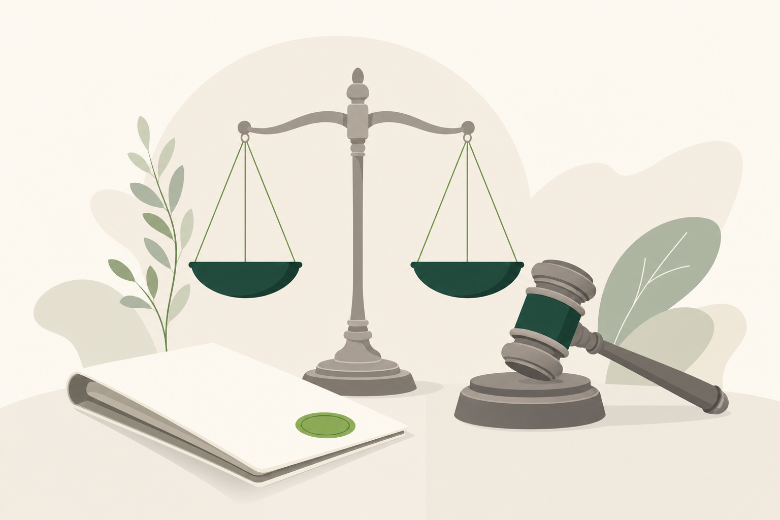 Illustration of scales of justice and a gavel representing Prop 65 enforcement