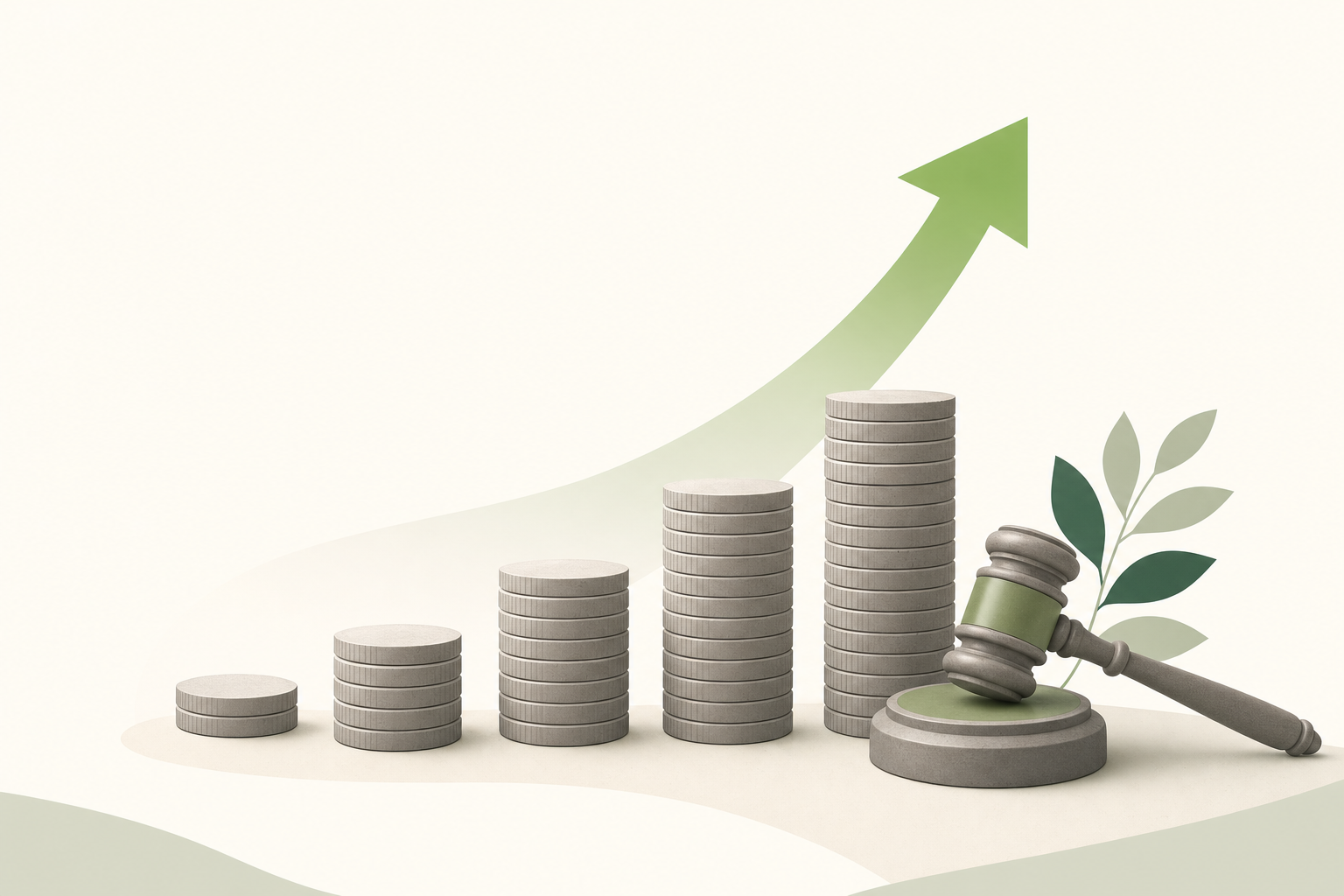 Illustration of rising coin stacks beside a gavel representing growing settlement costs