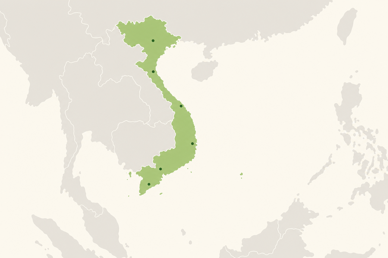 Editorial map of Vietnam highlighting its key electronics-manufacturing cities