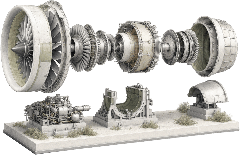 Cutaway illustration of an aerospace engine assembly