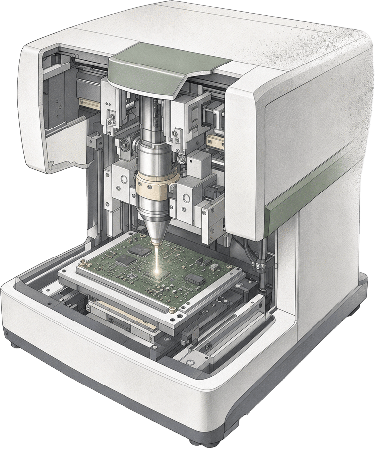 Cutaway technical illustration of an XRF spectrometer analyzing a circuit board for restricted substances