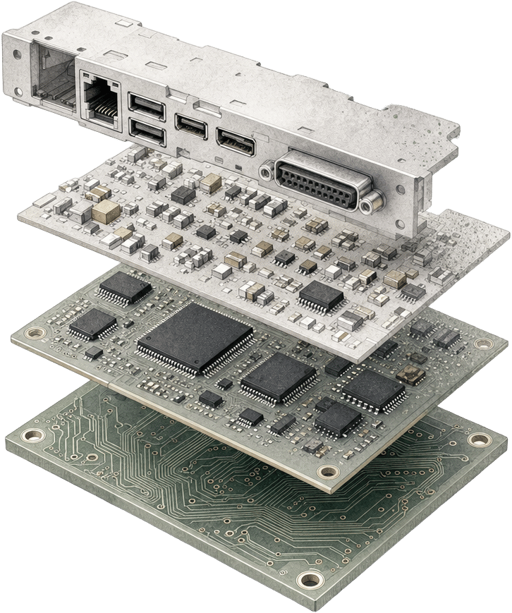 Exploded technical illustration of a multi-layer printed circuit board assembly showing the full component stack of an electronics bill of materials