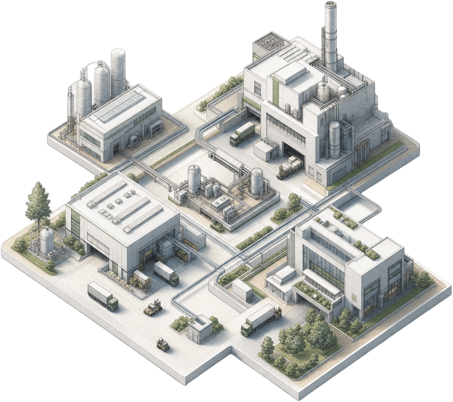 Diorama illustration of interconnected factory buildings linked by supply routes