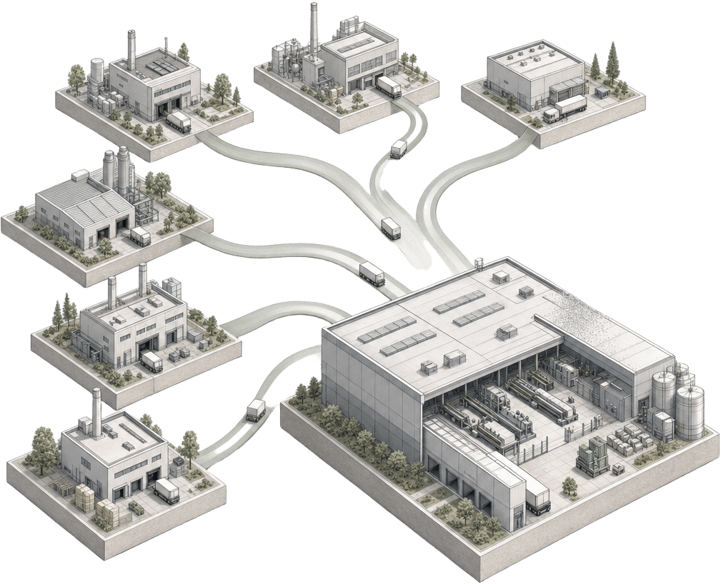 Technical illustration of a monitored supply chain network surfacing real-time risk signals